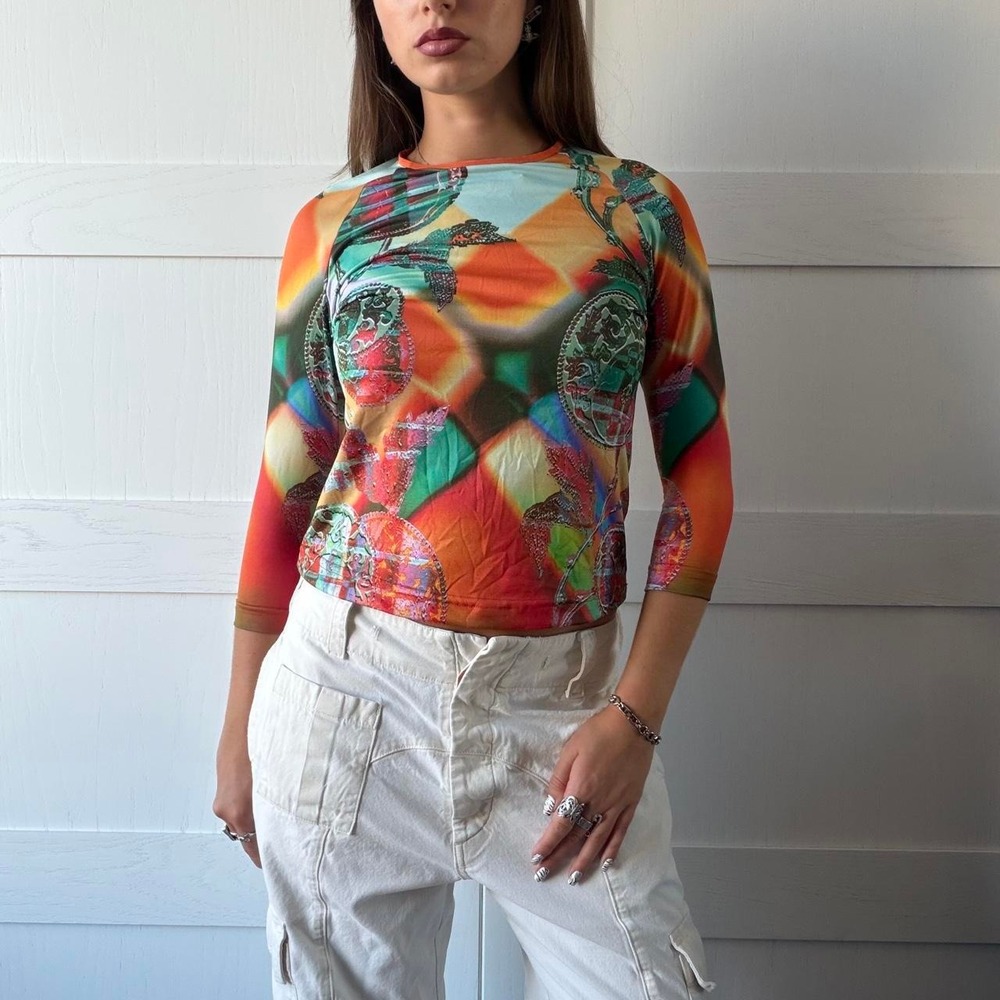 Y2K Jane Doe Asian Print 3/4 Sleeve Top